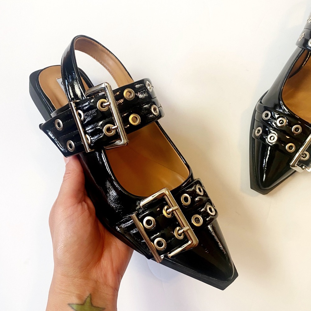 NWT Black PU Leather Buckle Ballerina Flats